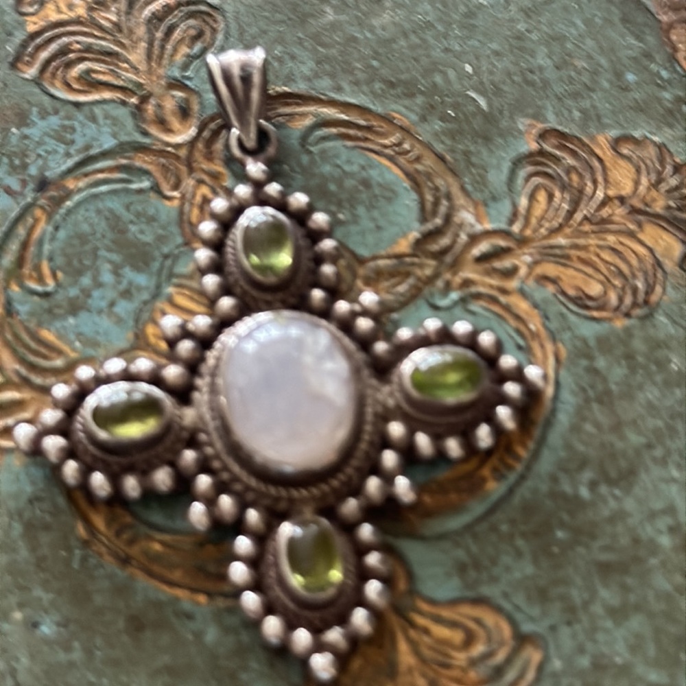 Large rainbow Moonstone cabochon with peridot sterling silver cross pendant